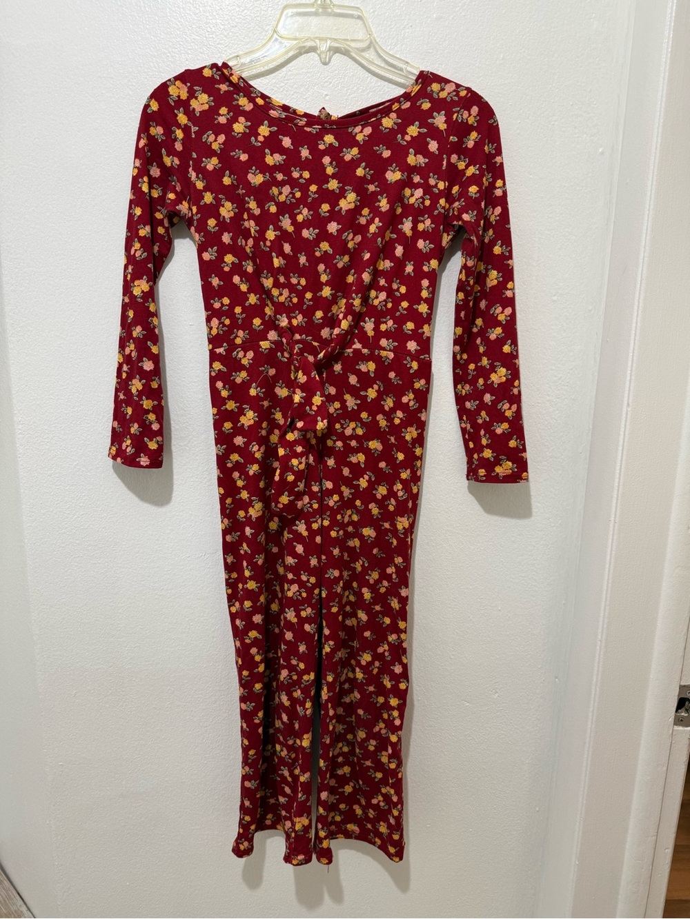 Dreamgirl Maroon Floral Knot-Front Long Sleeve Nightgown with Yellow Flowers